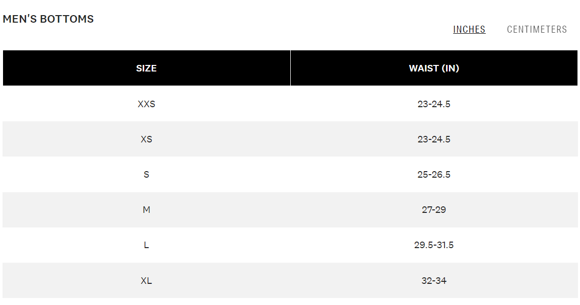 Men's Bottoms Size Chart.